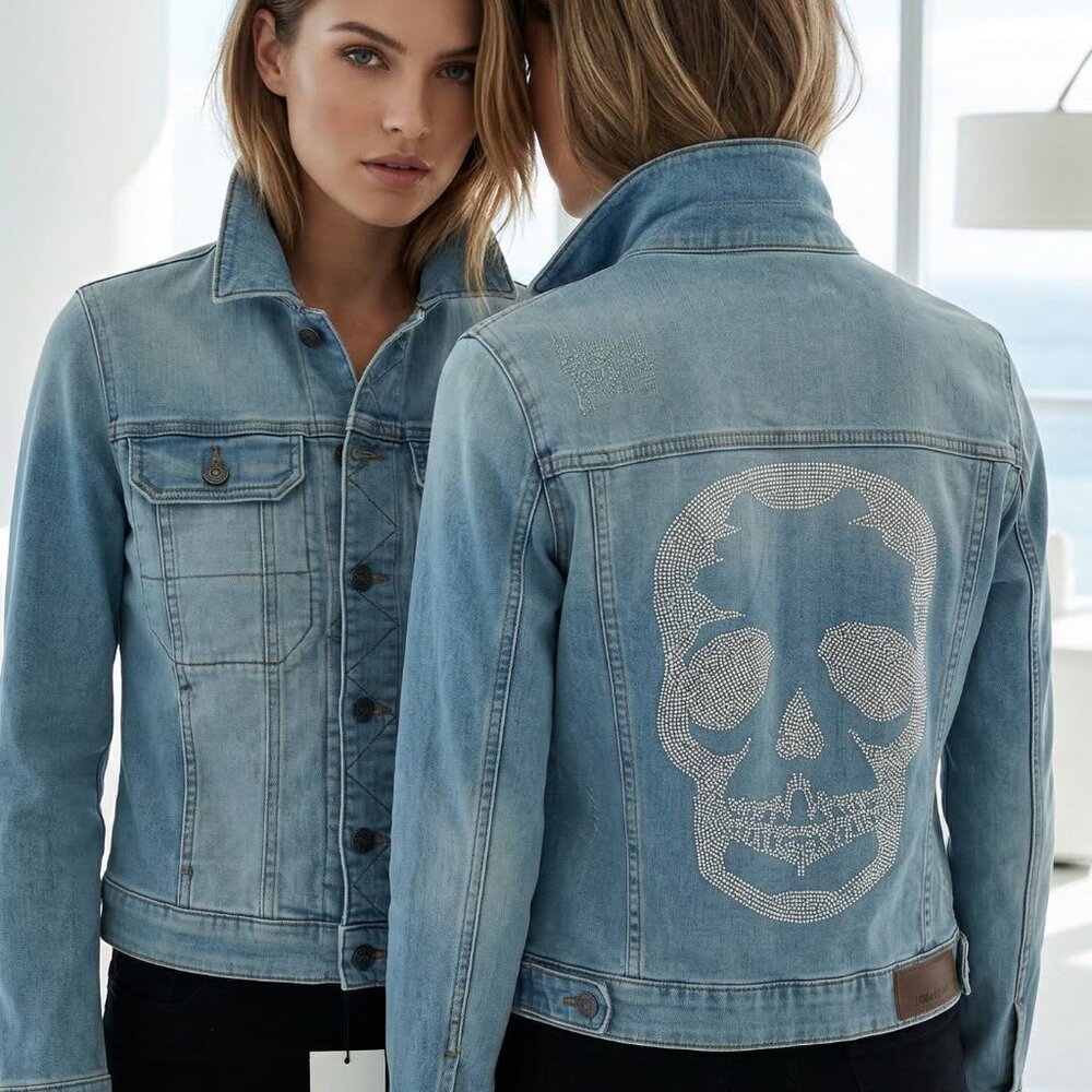 NWT $498 ZADIG & VOLTAIRE Kioky studded skull fitted denim jacket S